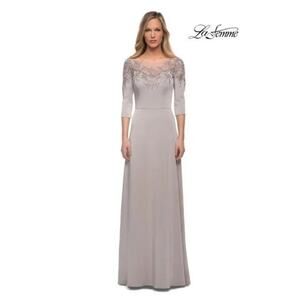 LA FEMME NWT $438 29227 Silver Embroidered Illusion Neck Gown Size 10